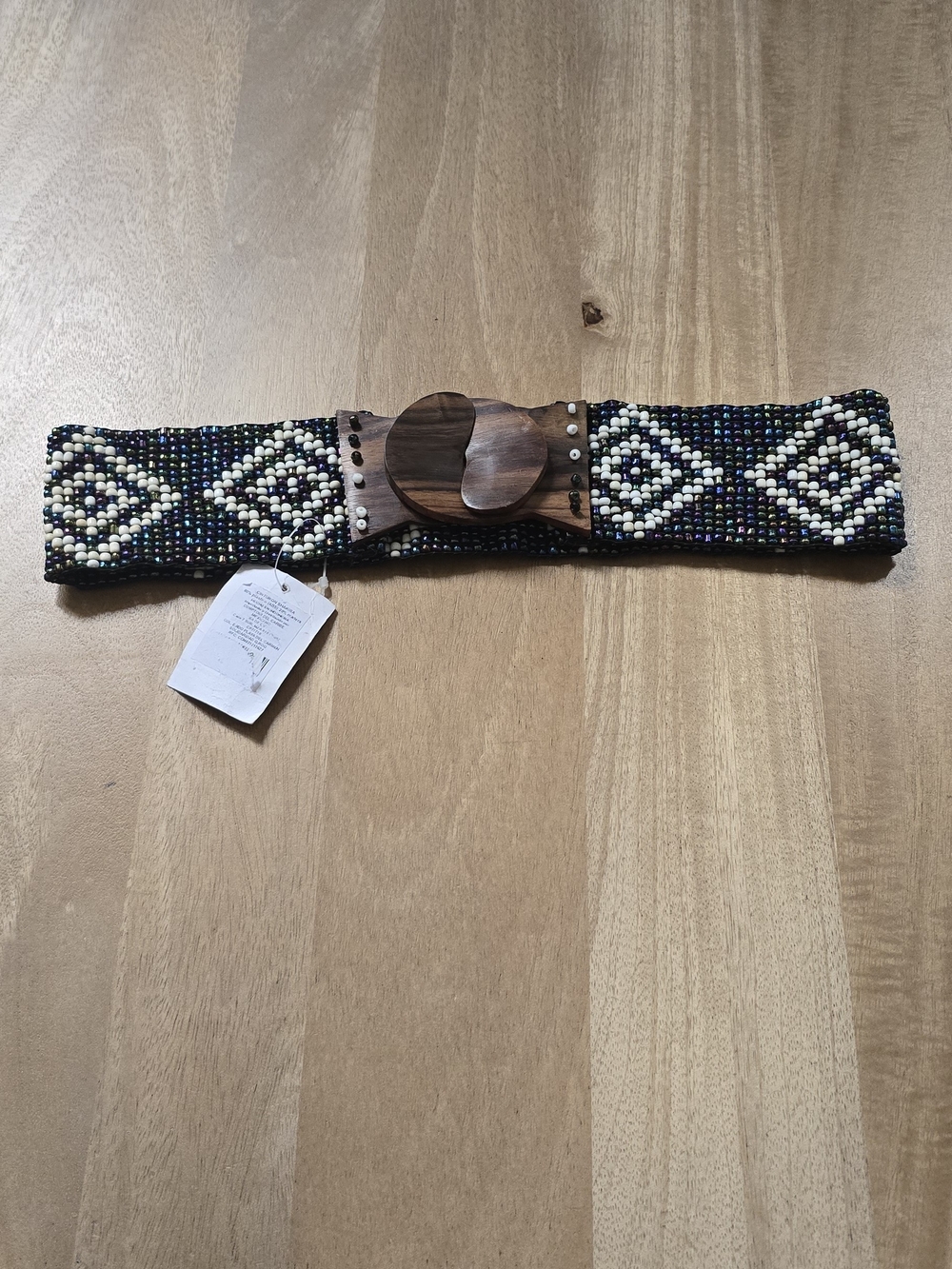 New with Tags Boho Iridescent Seed Bead Wide Stretch Belt with Carved Wood Buckl